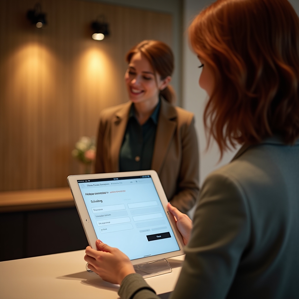 Check-in digital pe tabletă la recepția pensiunii