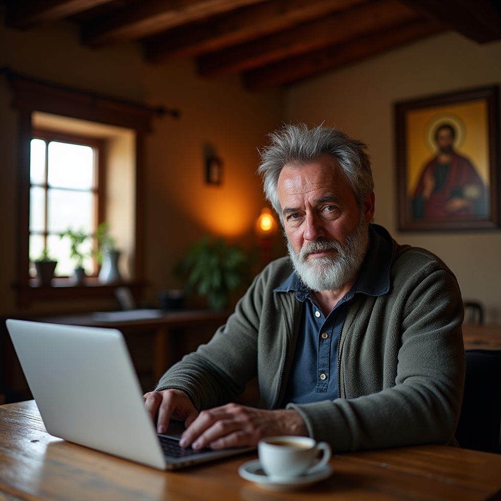 Proprietar pensiune folosind software de gestionare pe laptop